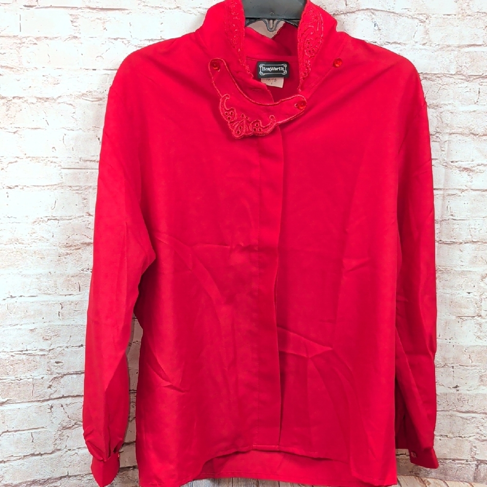 Bon Worth Red Embroidered Button-Up Shirt Medium Like New